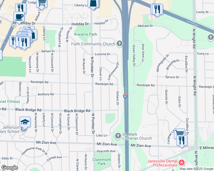 map of restaurants, bars, coffee shops, grocery stores, and more near 2818 Randolph Road in Janesville