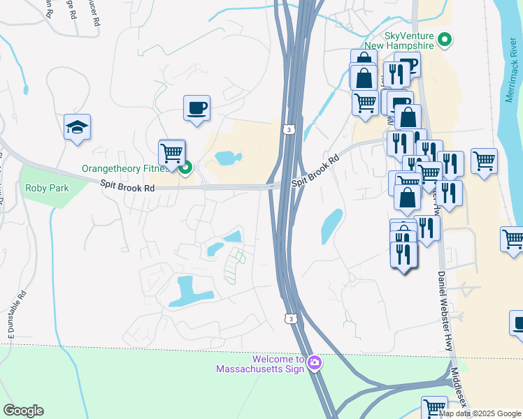 map of restaurants, bars, coffee shops, grocery stores, and more near 210 Brook Village Road in Nashua