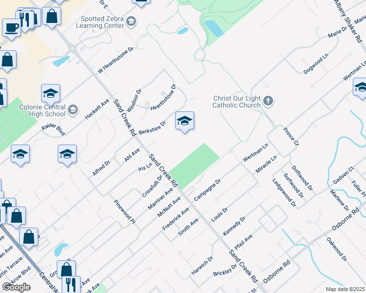 map of restaurants, bars, coffee shops, grocery stores, and more near 329 Sand Creek Road in Albany