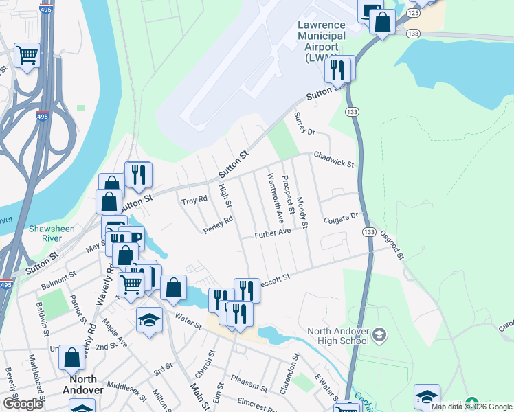 map of restaurants, bars, coffee shops, grocery stores, and more near 23 Brightwood Avenue in North Andover