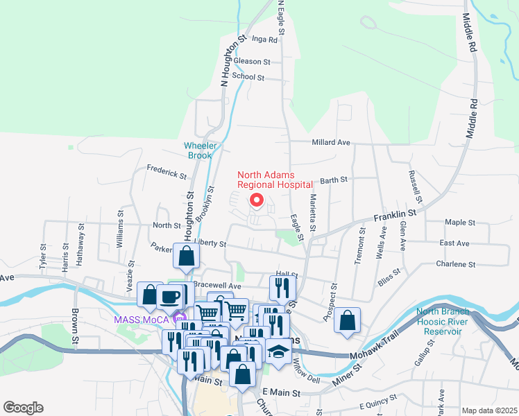 map of restaurants, bars, coffee shops, grocery stores, and more near 18 Estes St in North Adams