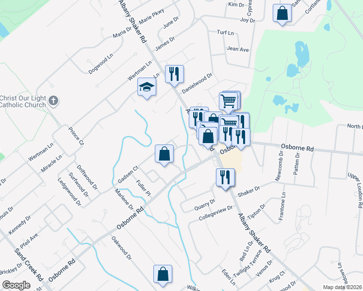 map of restaurants, bars, coffee shops, grocery stores, and more near 15 Anthony Lane in Albany