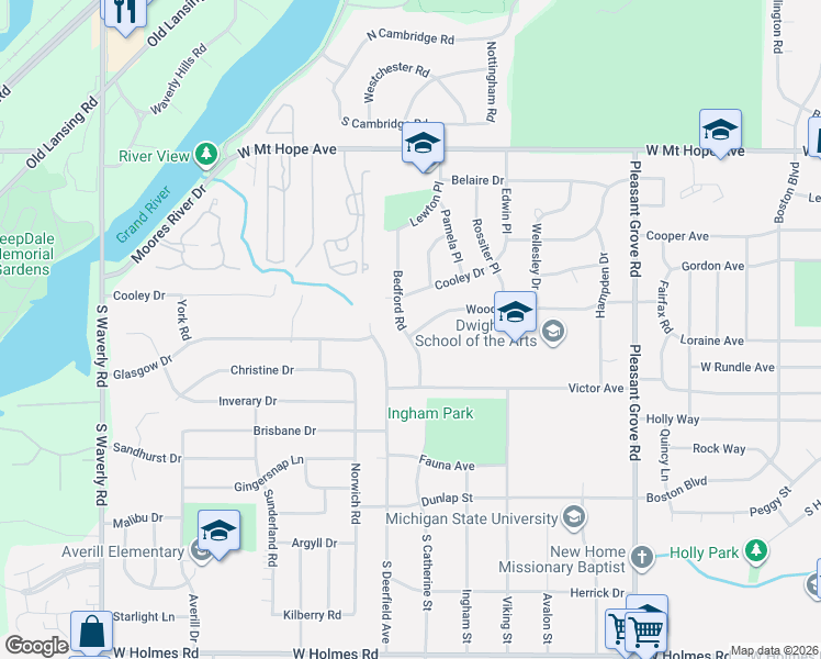 map of restaurants, bars, coffee shops, grocery stores, and more near 2608 Bedford Road in Lansing