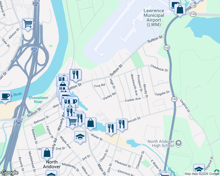 map of restaurants, bars, coffee shops, grocery stores, and more near 39 Columbia Road in North Andover