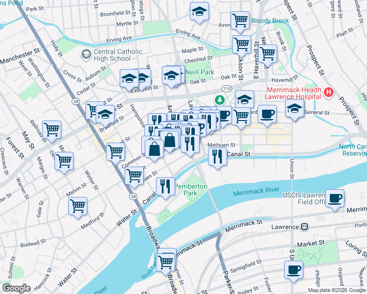 map of restaurants, bars, coffee shops, grocery stores, and more near 370 Essex Street in Lawrence