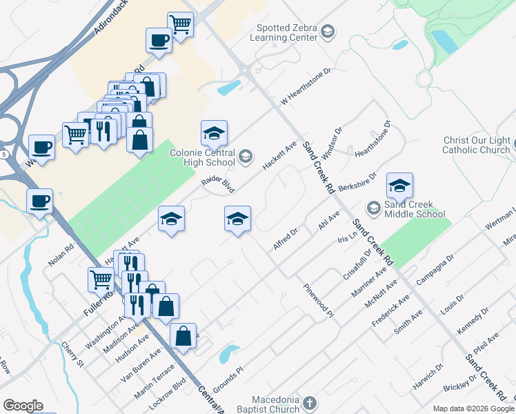 map of restaurants, bars, coffee shops, grocery stores, and more near 40 Donna Drive in Albany