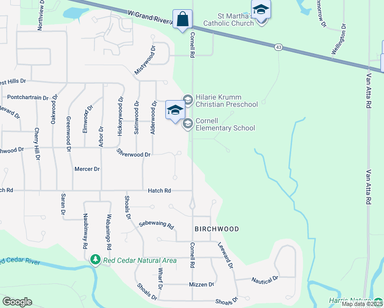 map of restaurants, bars, coffee shops, grocery stores, and more near 4371 Cornell Road in Meridian charter Township