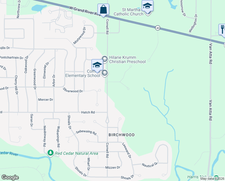 map of restaurants, bars, coffee shops, grocery stores, and more near 4298 Cornell Road in Meridian charter Township
