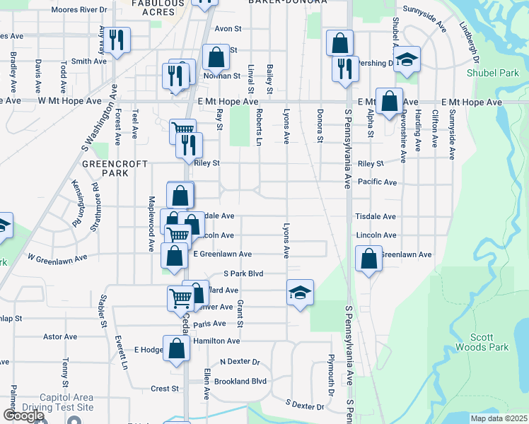 map of restaurants, bars, coffee shops, grocery stores, and more near 631 Tisdale Avenue in Lansing
