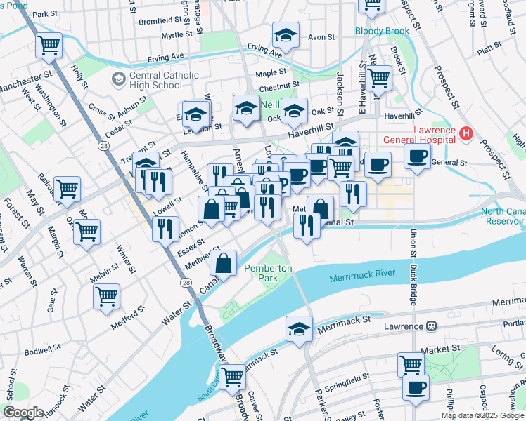 map of restaurants, bars, coffee shops, grocery stores, and more near in Lawrence