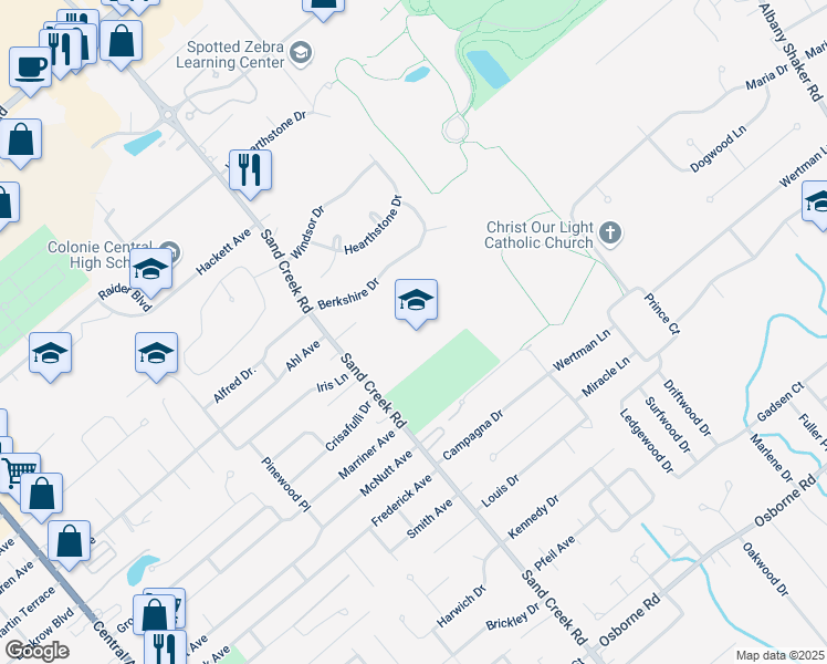 map of restaurants, bars, coffee shops, grocery stores, and more near 329 Sand Creek Road in Albany