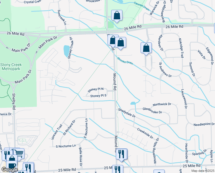 map of restaurants, bars, coffee shops, grocery stores, and more near 5736 Stoney Place South in Shelby Township