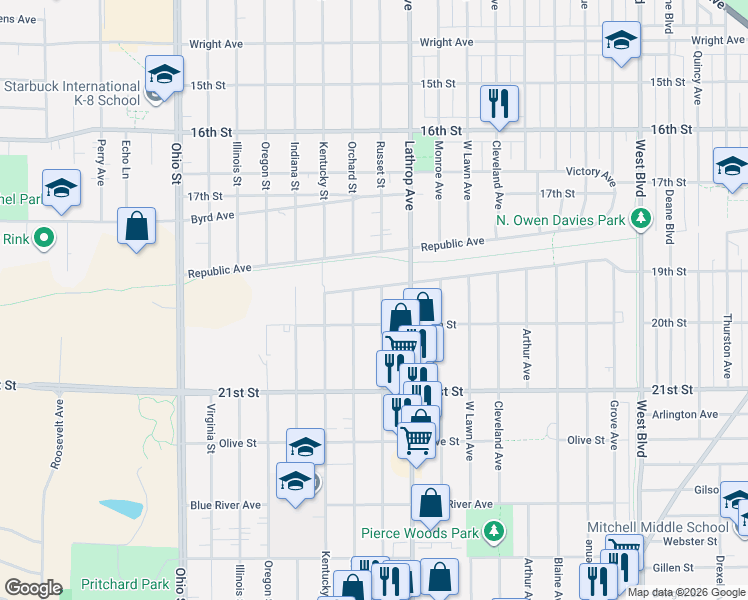map of restaurants, bars, coffee shops, grocery stores, and more near 4014 20th Street in Racine