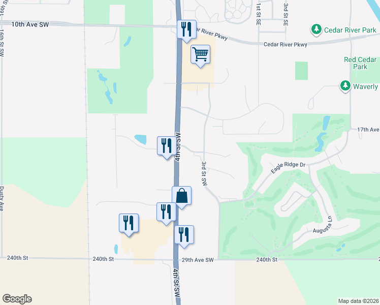 map of restaurants, bars, coffee shops, grocery stores, and more near 315 Oak Ridge Circle in Waverly