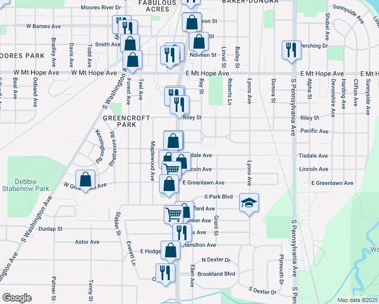 map of restaurants, bars, coffee shops, grocery stores, and more near 521 Tisdale Avenue in Lansing
