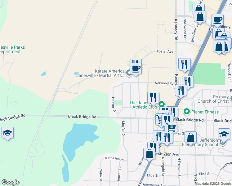 map of restaurants, bars, coffee shops, grocery stores, and more near 1826 Hoover Street in Janesville