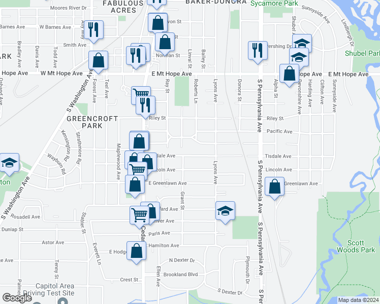 map of restaurants, bars, coffee shops, grocery stores, and more near 613 Tisdale Avenue in Lansing