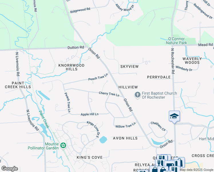 map of restaurants, bars, coffee shops, grocery stores, and more near 6389 Cherry Tree Court in Rochester Hills