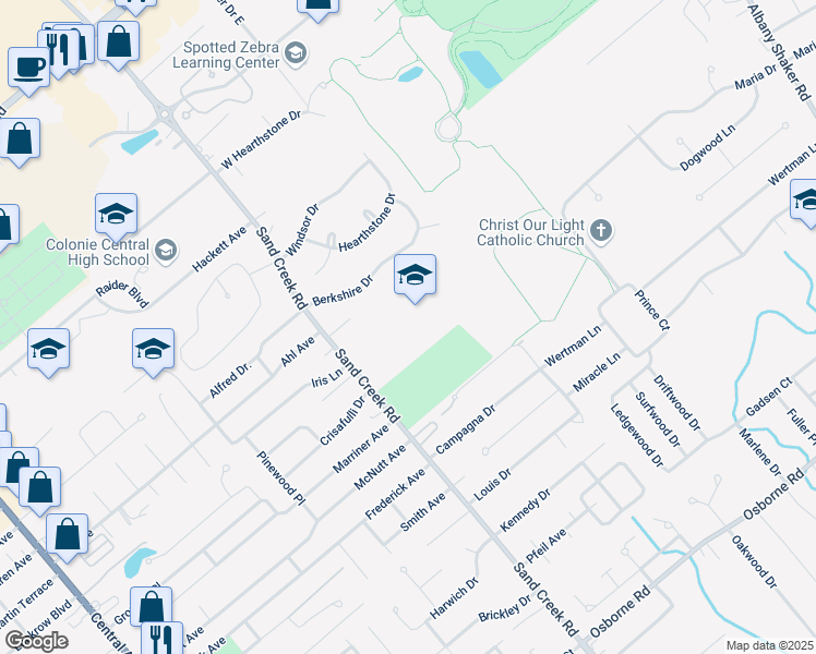 map of restaurants, bars, coffee shops, grocery stores, and more near 329 Sand Creek Road in Albany