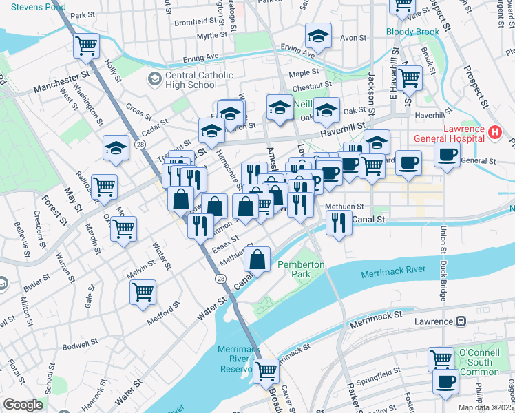 map of restaurants, bars, coffee shops, grocery stores, and more near 414 Common Street in Lawrence