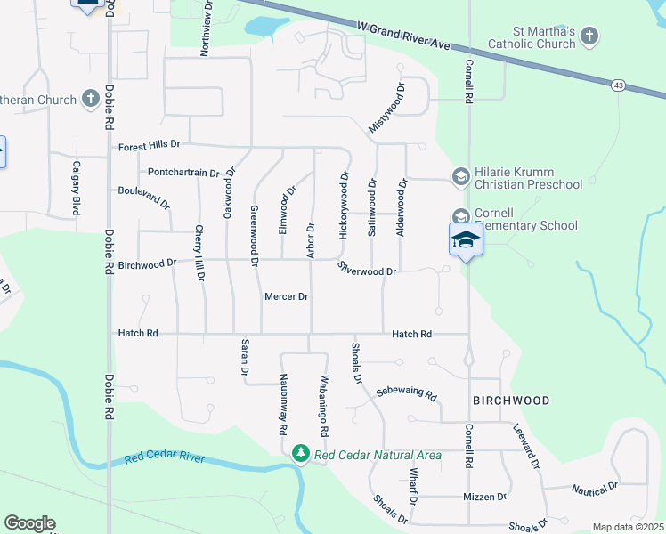 map of restaurants, bars, coffee shops, grocery stores, and more near 1399 Silverwood Drive in Meridian charter Township