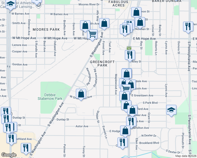 map of restaurants, bars, coffee shops, grocery stores, and more near 2422 Strathmore Road in Lansing