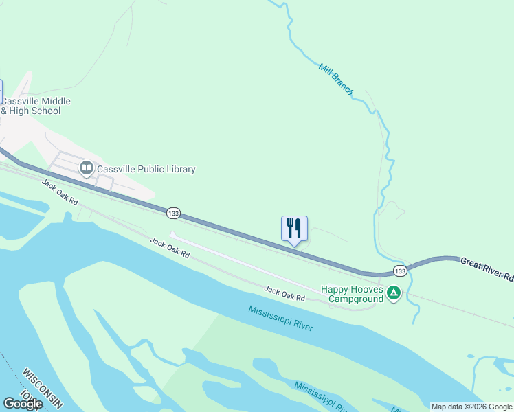 map of restaurants, bars, coffee shops, grocery stores, and more near 11072 Wisconsin 133 in Cassville
