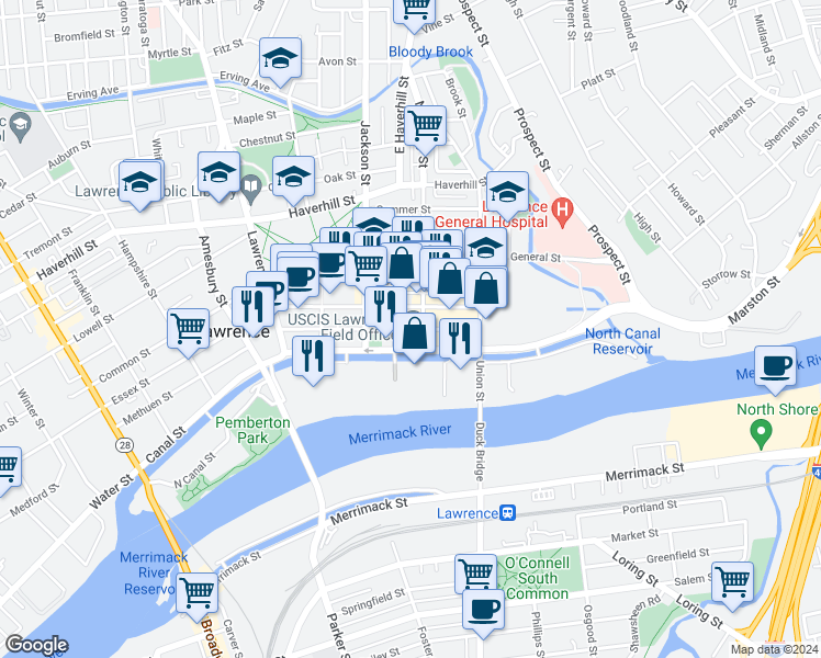 map of restaurants, bars, coffee shops, grocery stores, and more near 80 Methuen Street in Lawrence
