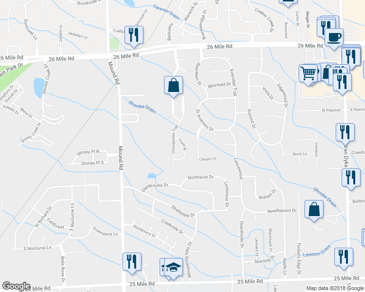 map of restaurants, bars, coffee shops, grocery stores, and more near 56217 Troon North in Shelby Charter Township