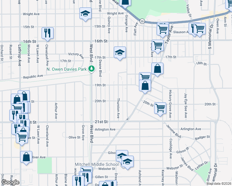 map of restaurants, bars, coffee shops, grocery stores, and more near 1926 Thurston Avenue in Racine