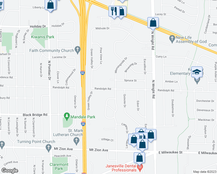 map of restaurants, bars, coffee shops, grocery stores, and more near 3223 Randolph Road in Janesville