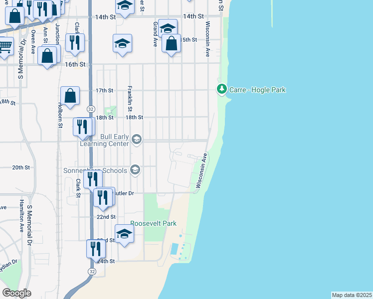map of restaurants, bars, coffee shops, grocery stores, and more near 1916 Wisconsin Avenue in Racine