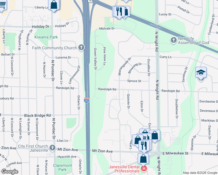 map of restaurants, bars, coffee shops, grocery stores, and more near 3200 Randolph Road in Janesville