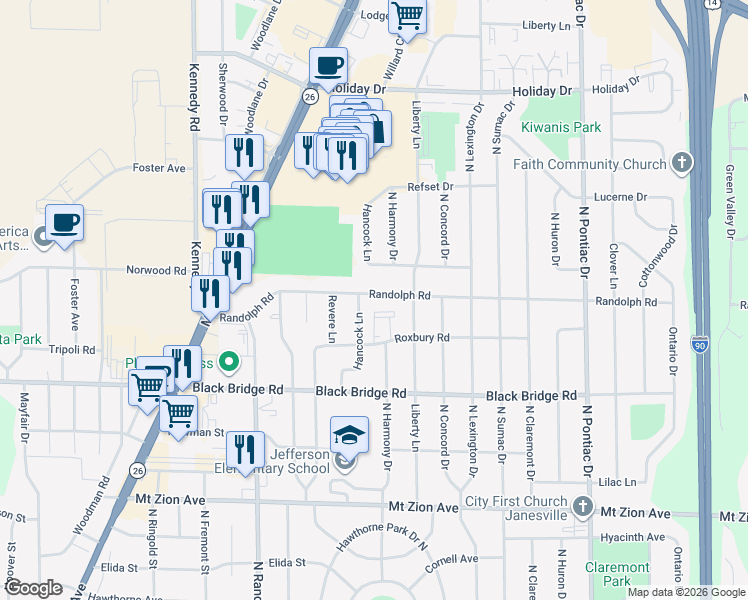 map of restaurants, bars, coffee shops, grocery stores, and more near 2103 Roxbury Road in Janesville