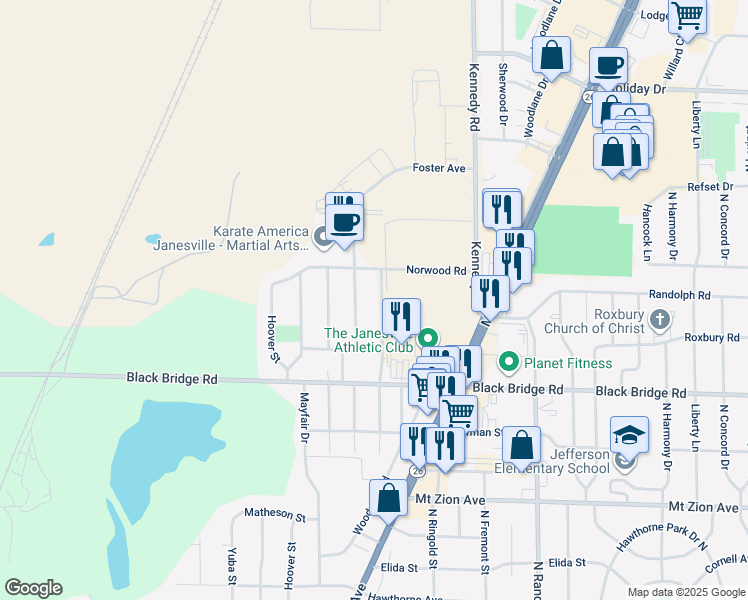 map of restaurants, bars, coffee shops, grocery stores, and more near 1837 Alden Road in Janesville
