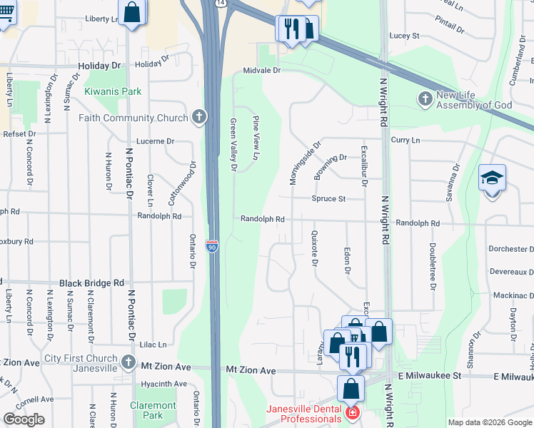 map of restaurants, bars, coffee shops, grocery stores, and more near 3200 Randolph Road in Janesville
