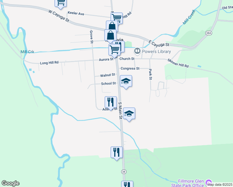 map of restaurants, bars, coffee shops, grocery stores, and more near 46 South Main Street in Moravia