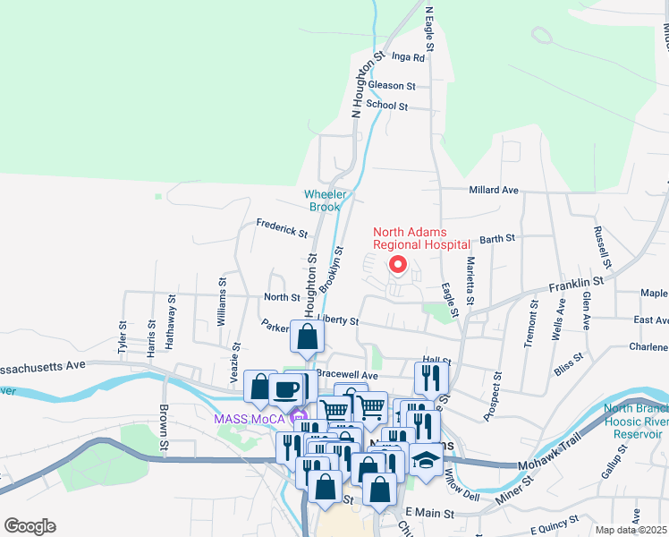 map of restaurants, bars, coffee shops, grocery stores, and more near 60 Brooklyn Street in North Adams