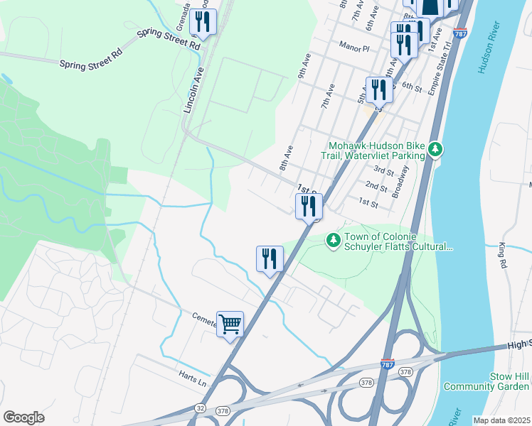 map of restaurants, bars, coffee shops, grocery stores, and more near 30 Earl Drive in Albany