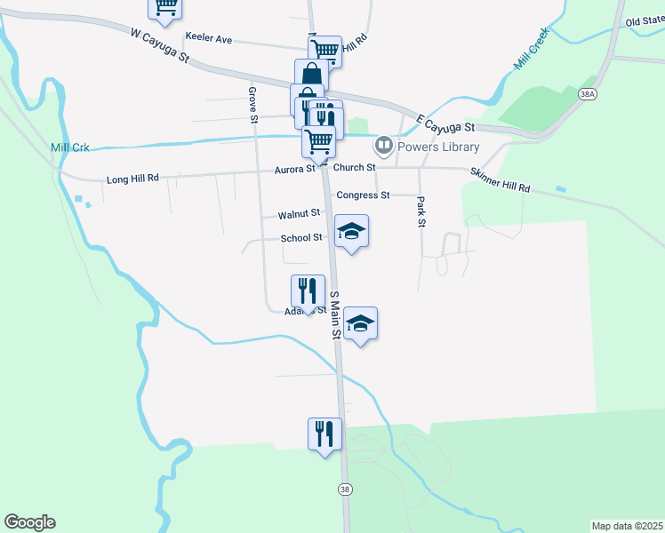 map of restaurants, bars, coffee shops, grocery stores, and more near 46 South Main Street in Moravia
