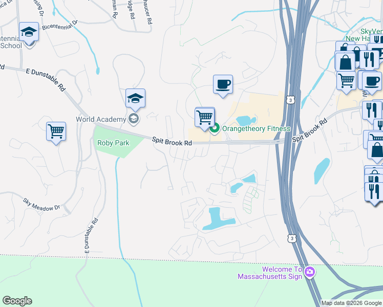 map of restaurants, bars, coffee shops, grocery stores, and more near 3 Sapling Circle in Nashua