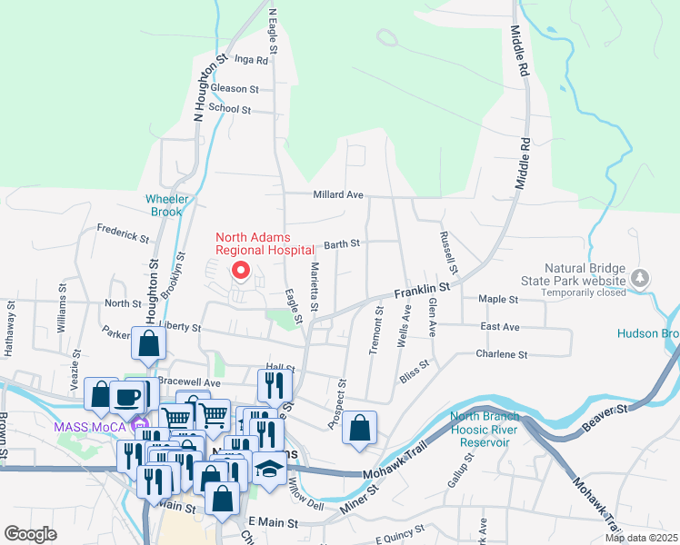 map of restaurants, bars, coffee shops, grocery stores, and more near 1-99 Northern Lights Ave in North Adams