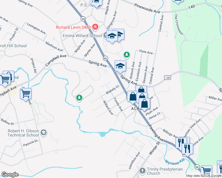 map of restaurants, bars, coffee shops, grocery stores, and more near 18 Munro Court in Troy