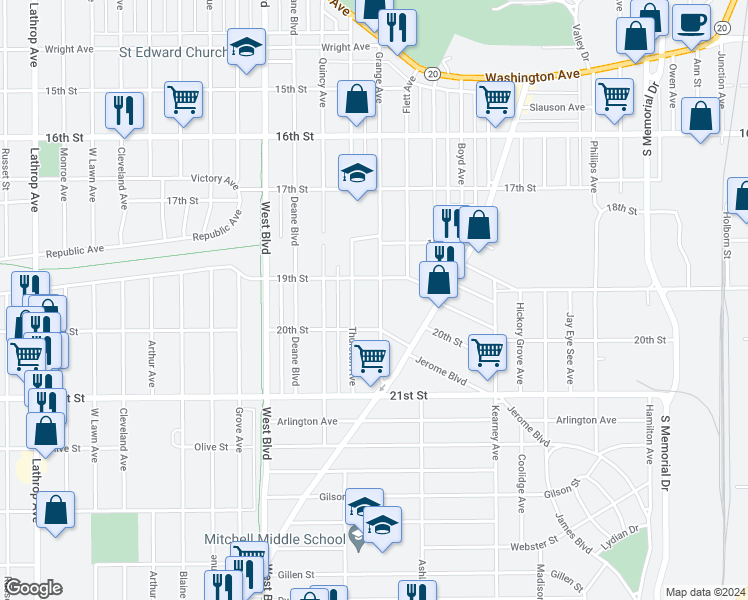 map of restaurants, bars, coffee shops, grocery stores, and more near 1922 Grange Avenue in Racine
