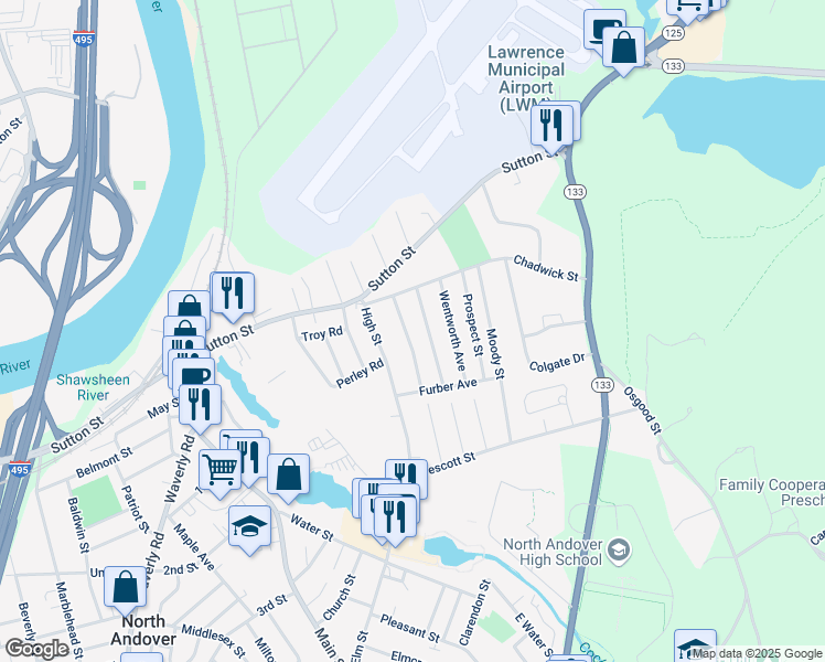 map of restaurants, bars, coffee shops, grocery stores, and more near 23 Brightwood Avenue in North Andover