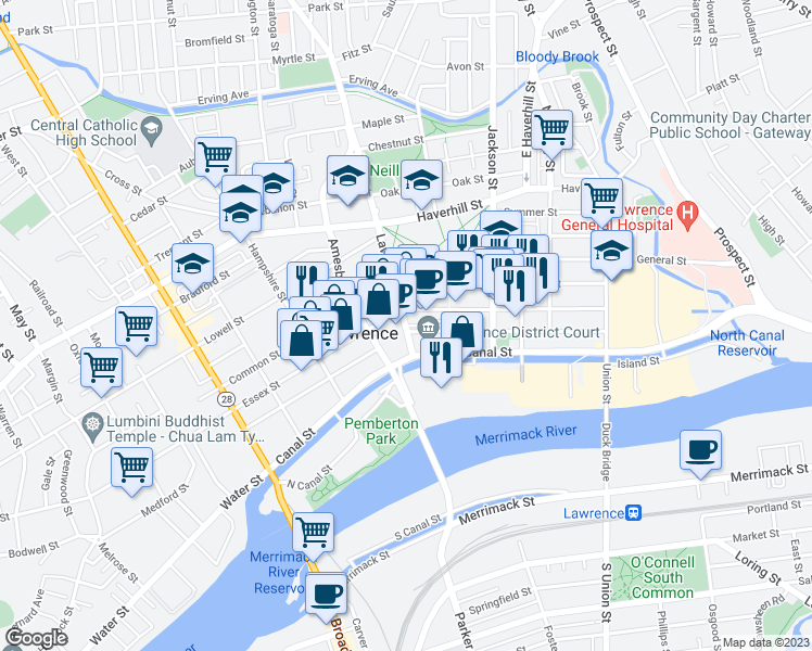 map of restaurants, bars, coffee shops, grocery stores, and more near 9 Lawrence Street in Lawrence