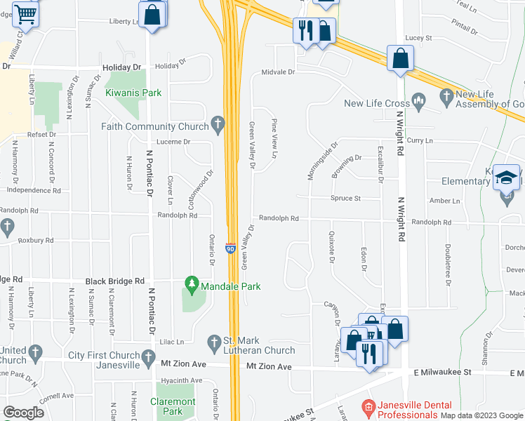 map of restaurants, bars, coffee shops, grocery stores, and more near 3113 Randolph Road in Janesville