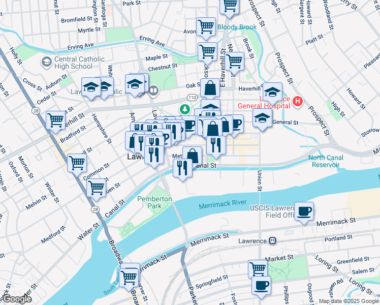 map of restaurants, bars, coffee shops, grocery stores, and more near 237 Essex Street in Lawrence