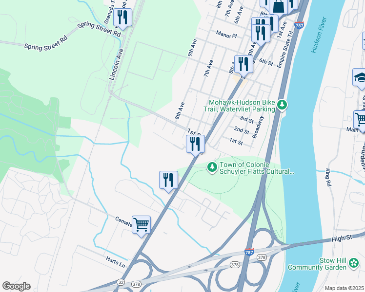 map of restaurants, bars, coffee shops, grocery stores, and more near 8 8th Avenue in Watervliet