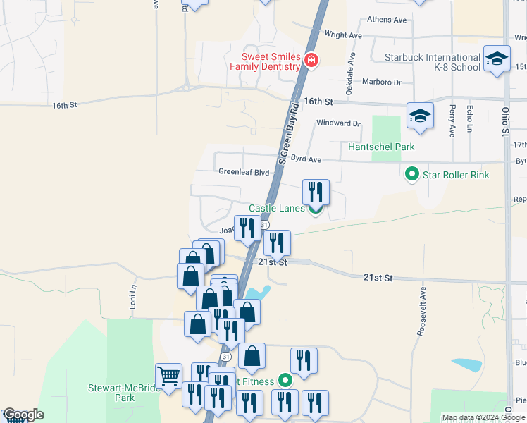 map of restaurants, bars, coffee shops, grocery stores, and more near 1922 South Green Bay Road in Mount Pleasant